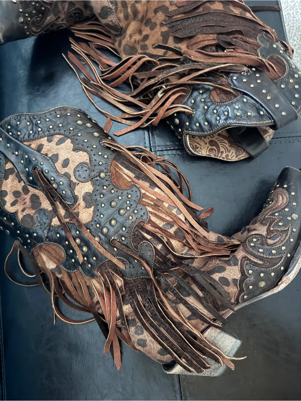 Corral Brown and Black Fringe Leopard Print Studded Western Booties -